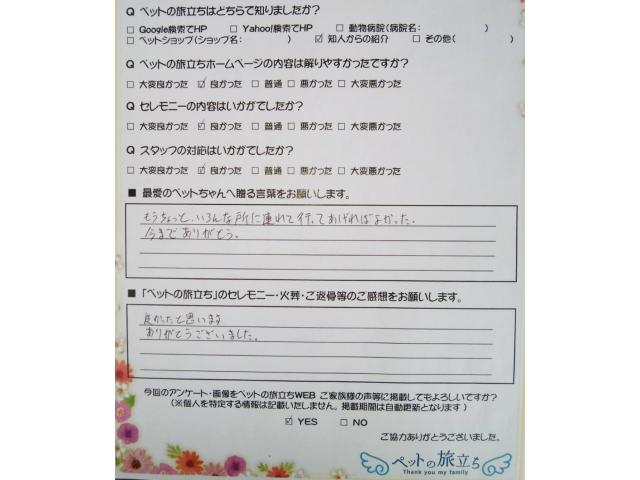 ご家族様の声 ペットの旅立ち 24時間電話 ネット予約ができる ペット訪問火葬